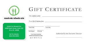 Gift Certificate for Meals on Wheels Erie. Click to enlarge image.